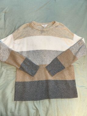 Women’s Striped Crewneck Sweater in Beige, Gray & White